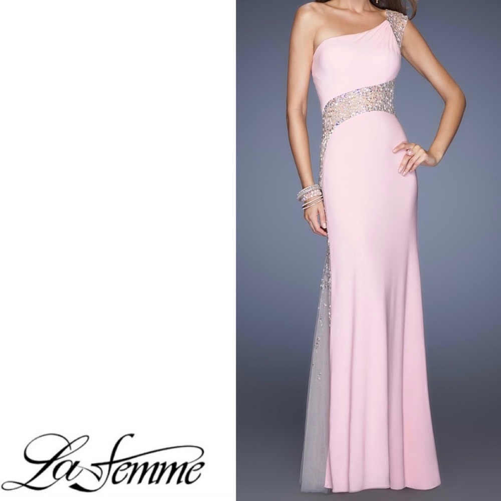 NWT La Femme Gigi one shoulder pink gown